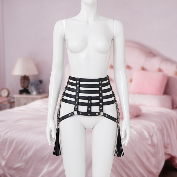 Cage Belt leg harness, front view on a mannequin