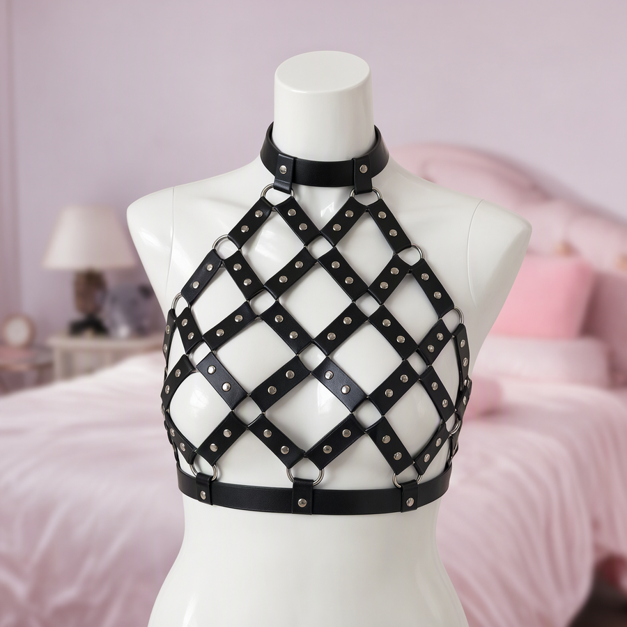 Harlequin diamond lattice halter harness, front view on a mannequin