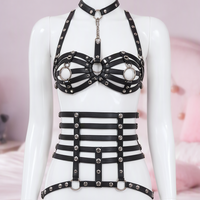 Full Cage bondage harness set, close-up of the straps and silver-tone hardware