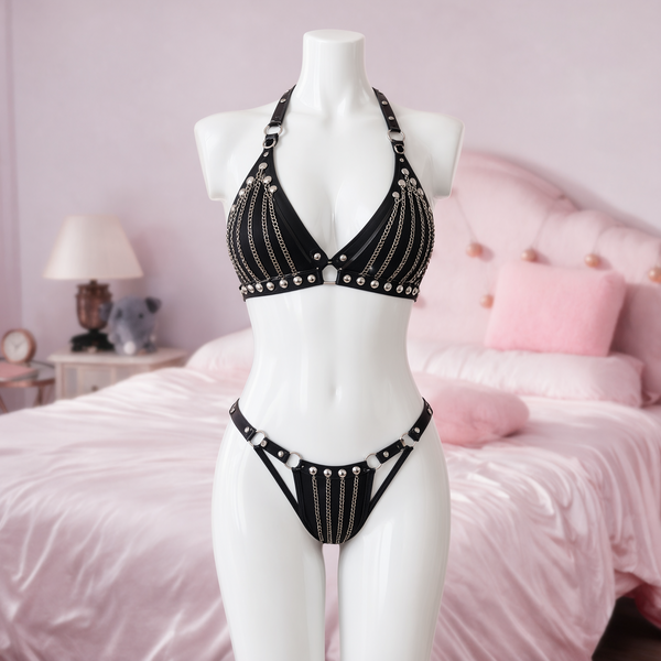 Metal Bikini chain harness, front view on a mannequin