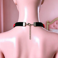 Thorn Heart Choker in black with red roses, back view showing the lobster clasp and silver extension chain