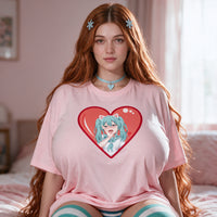 Front on in the pink oversized shirt, the teal catgirl in the red heart sharp and centred