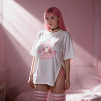 Window light across the white side peek top and the smirking anime girl print