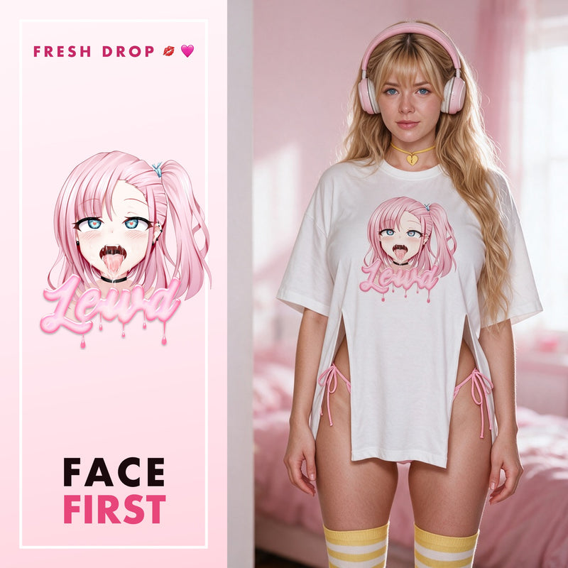 Lewd Drip Ahegao Side Peek Top | Pink Waifu Side Slit Tee
