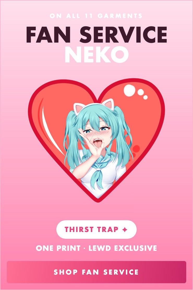 Fan Service Neko: teal-haired catgirl in a red heart, on 11 garments