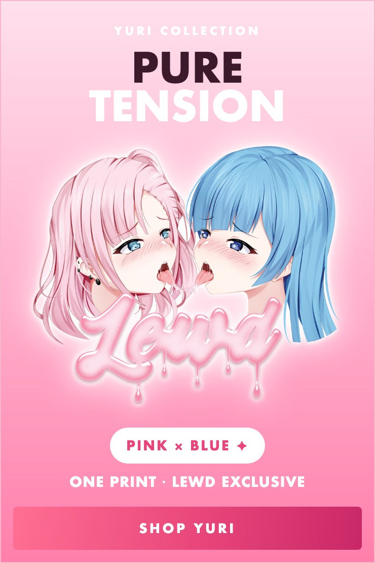 Yuri: pink-haired and blue-haired girls in a tongue kiss with dripping Lewd lettering