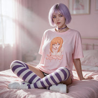 Makima Lewd pink oversized shirt — seated on a pink bed with striped thigh highs