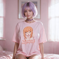 Makima Lewd pink oversized shirt — kneeling on the bed with the print flat to camera