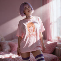 Makima Lewd pink oversized shirt — seated front on, print shown full