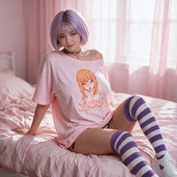 Makima Lewd pink oversized shirt — seated with the shoulder pulled down