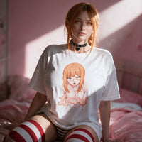 Makima Lewd white oversized shirt — seated front on, print shown full