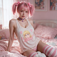 Yandere Crashout Beige Racerback Tank Top — seated on pink bedding, the print on show
