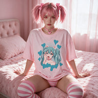 Ecchi Neko Girl Ahegao Pink Oversized Shirt — seated front on at the edge of the bed