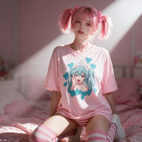 Ecchi Neko Girl Ahegao Pink Oversized Shirt — standing in a shaft of sunlight