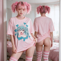 Ecchi Neko Girl Ahegao Pink Oversized Shirt — at the mirror, front and back in one frame
