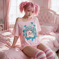 Ecchi Neko Girl Ahegao Pink Oversized Shirt — seated on the bed edge
