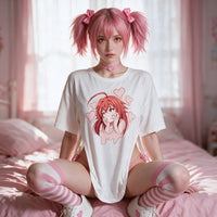 Gurokawa Side Peek Top — seated with the print shown flat