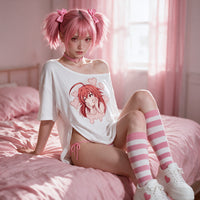 Gurokawa Side Peek Top — seated with the shoulder pulled down