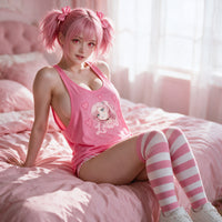Sitting on the bed in the hot pink racerback tank top, relaxed, the hearts and dripping Lewd script on show