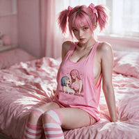 Spit In My Mouth Hot Pink Racerback Tank — Collection Edition — seated with the shoulder pulled down