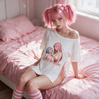 Spit In My Mouth Side Peek Top — Ecchi Edition — seated with the shoulder pulled down
