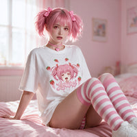 Strawberry Ahegao white oversized shirt — seated on a pink bed with striped thigh highs
