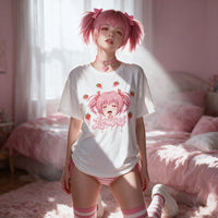 Strawberry Ahegao white oversized shirt — seated front on, print shown full