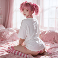 Strawberry Ahegao white oversized shirt — kneeling back view on the pink bed