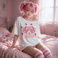 Strawberry Ahegao white oversized shirt — seated with the shoulder pulled down