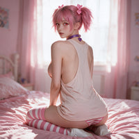 Kneeling on the bed seen from behind, showing the back of the beige racerback tank top