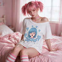 Model sitting on the bed edge with the tee slipping off one shoulder, striped socks to the thigh