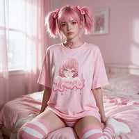 Front on in the pink oversized shirt, the heart-eyed pink-haired anime girl print sharp and centred