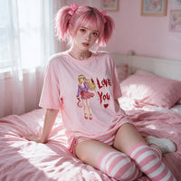 Yandere Confession pink oversized shirt — seated on the pink bed with pink and white striped thigh highs