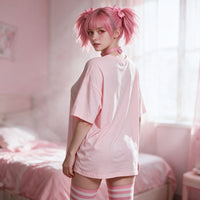 Yandere Confession pink oversized shirt — standing back view showing the plain reverse and hem length