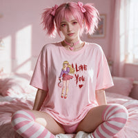 Yandere Confession pink oversized shirt — seated front on in soft window light