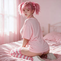 Yandere Confession pink oversized shirt — kneeling back view on the pink bed