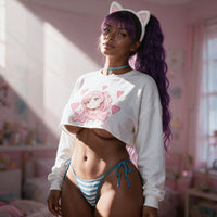 Window light across the white crop sweatshirt and the smirking anime girl print