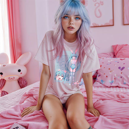 Pink Oversized Kawaii Neko Graphic Tee - Lewd Fashion