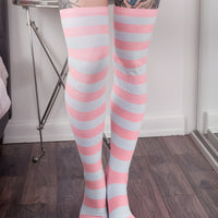 Pink Striped Thigh High Socks - Lewd Fashion