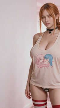 Yuri Beige Racerback Tank Top lookbook video - front and back of the oversized anime kiss print tank
