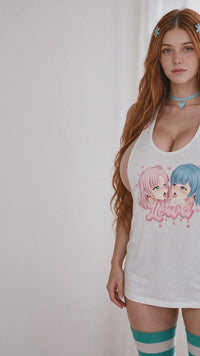 Yuri White Racerback Tank Top lookbook video - front and back of the oversized anime kiss print tank