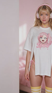 Lewd Drip Ahegao Side Peek Top lookbook video - front and back of the white side split ahegao drip print top