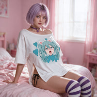 VSCO Catgirl Side Peek Top — seated with the shoulder pulled down