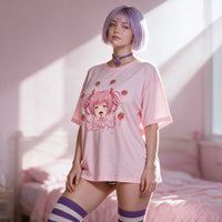 Strawberry Ahegao pink oversized shirt — seated front on, print shown full
