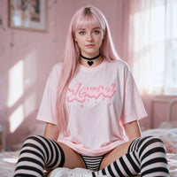 Drippy Bubble Pink Oversized Shirt — seated close up, print front and centre