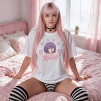 Lewd Otaku white oversized shirt — standing back view showing the plain reverse and hem length