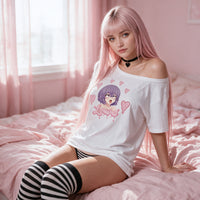 Lewd Otaku white oversized shirt — seated with the shoulder pulled down