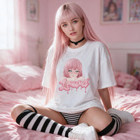 Sitting back on a pink bed in the white oversized shirt with striped thigh high socks