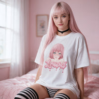 Front on in the white oversized shirt, the heart-eyed pink-haired anime girl print sharp and centred