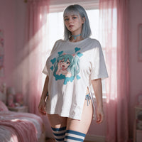 Ecchi Neko Girl Ahegao White Side Peek Top — standing in window light